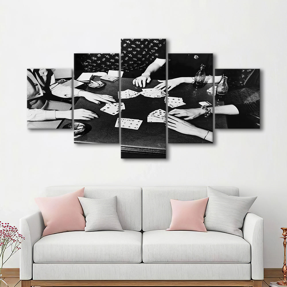 Women Playing Poker 1940s Bar Art Black and White Art Girls Night, Mixed 5 Pieces Canvas Print