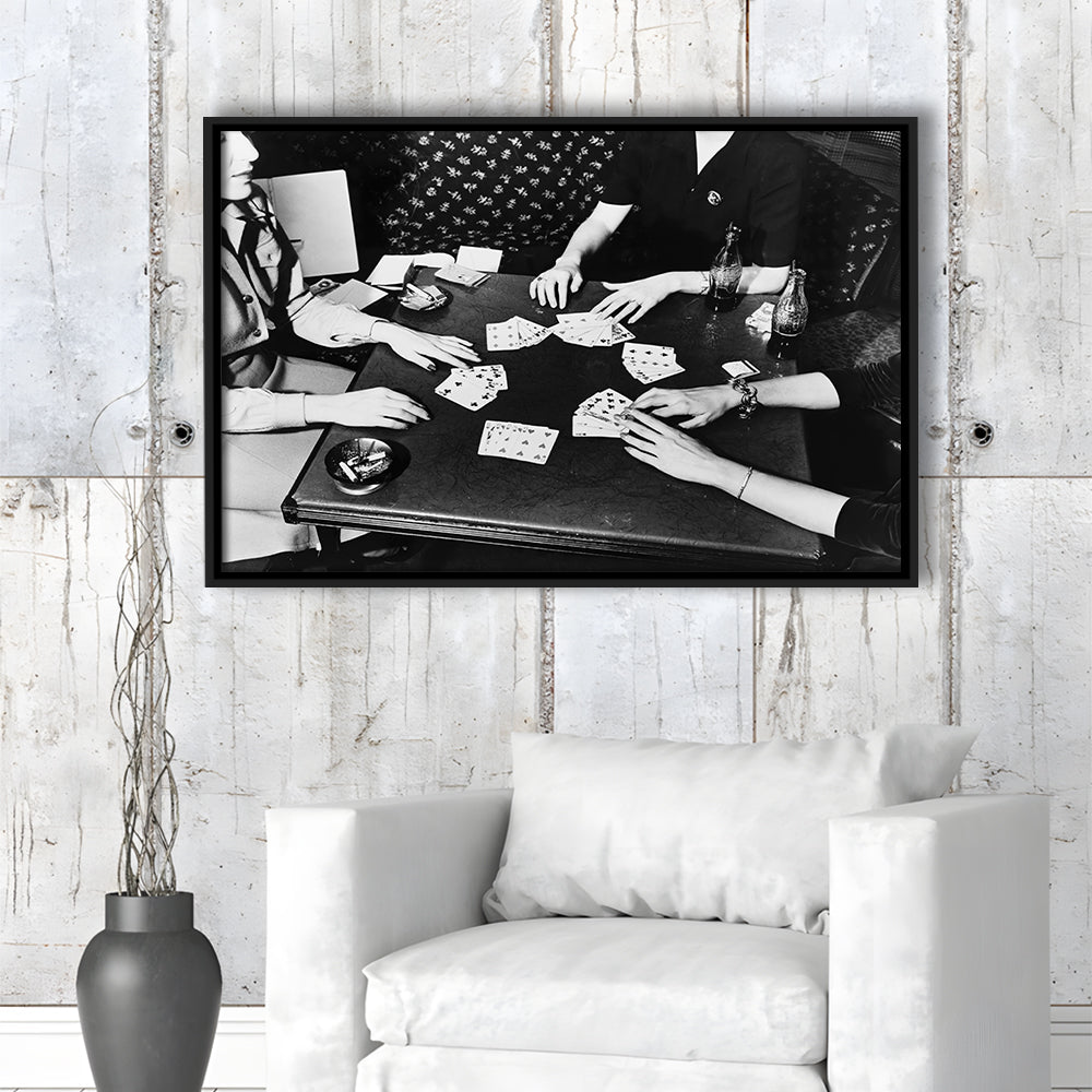 Women Playing Poker 1940s Bar Art Black and White Art Girls Night, Floating Framed Canvas Print
