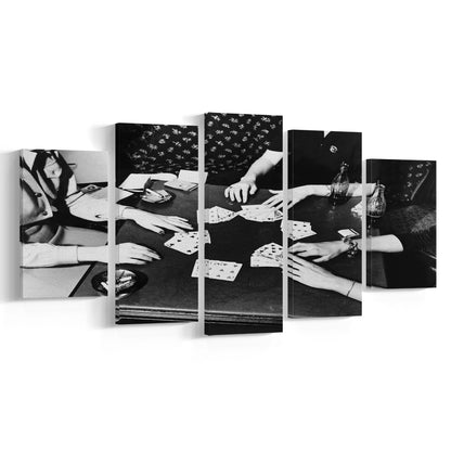 Women Playing Poker 1940s Bar Art Black and White Art Girls Night, Mixed 5 Pieces Canvas Print