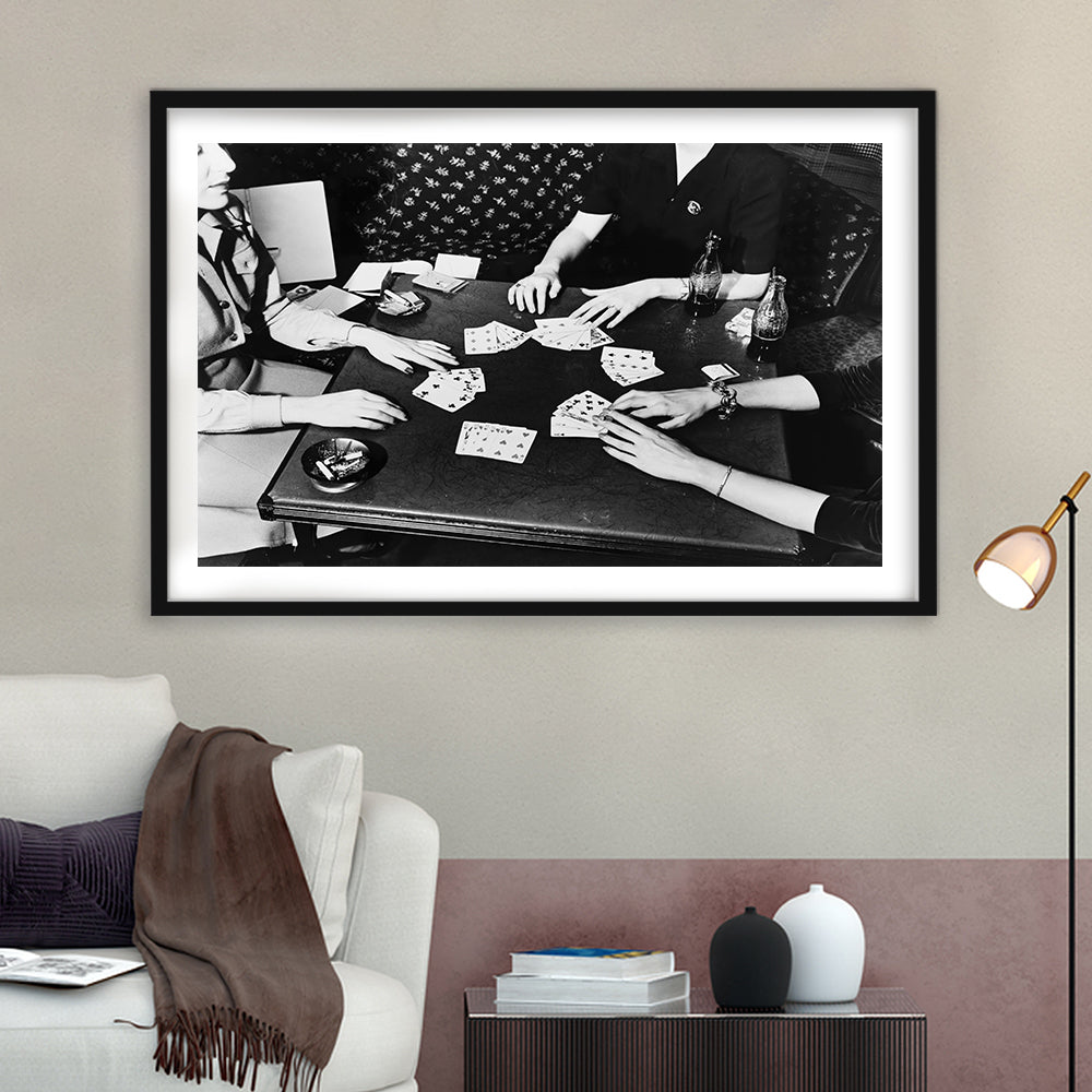 Women Playing Poker 1940s Bar Art Black and White Art Girls Night, Framed Art Print White Border Wall Decor