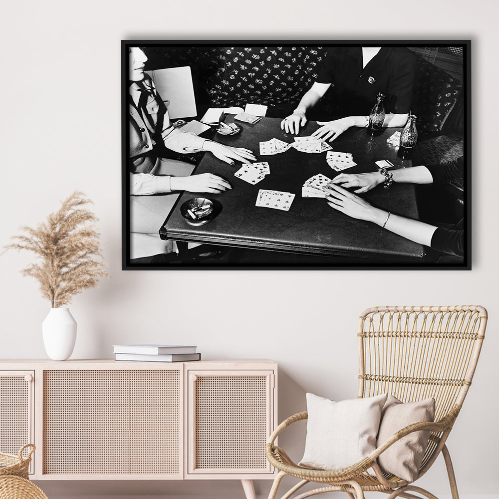 Women Playing Poker 1940s Bar Art Black and White Art Girls Night, Floating Framed Canvas Print