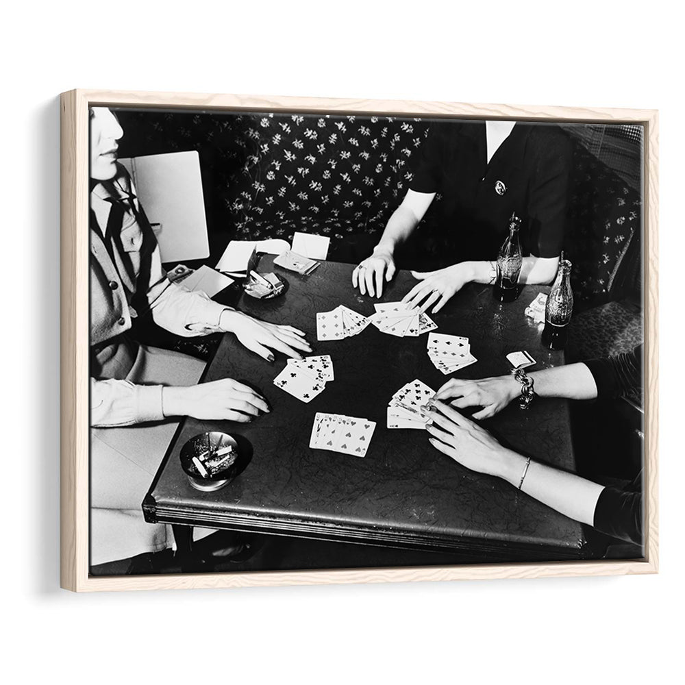 Women Playing Poker 1940s Bar Art Black and White Art Girls Night, Floating Framed Canvas Print