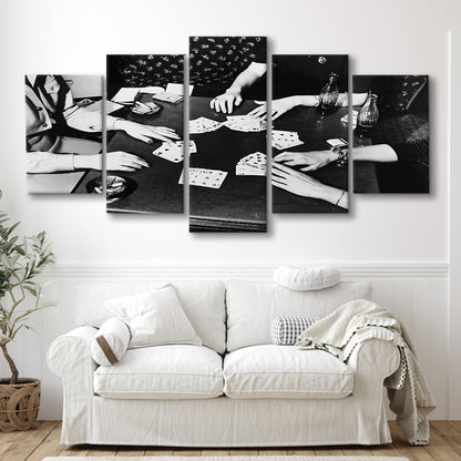 Women Playing Poker 1940s Bar Art Black and White Art Girls Night, Mixed 5 Pieces Canvas Print
