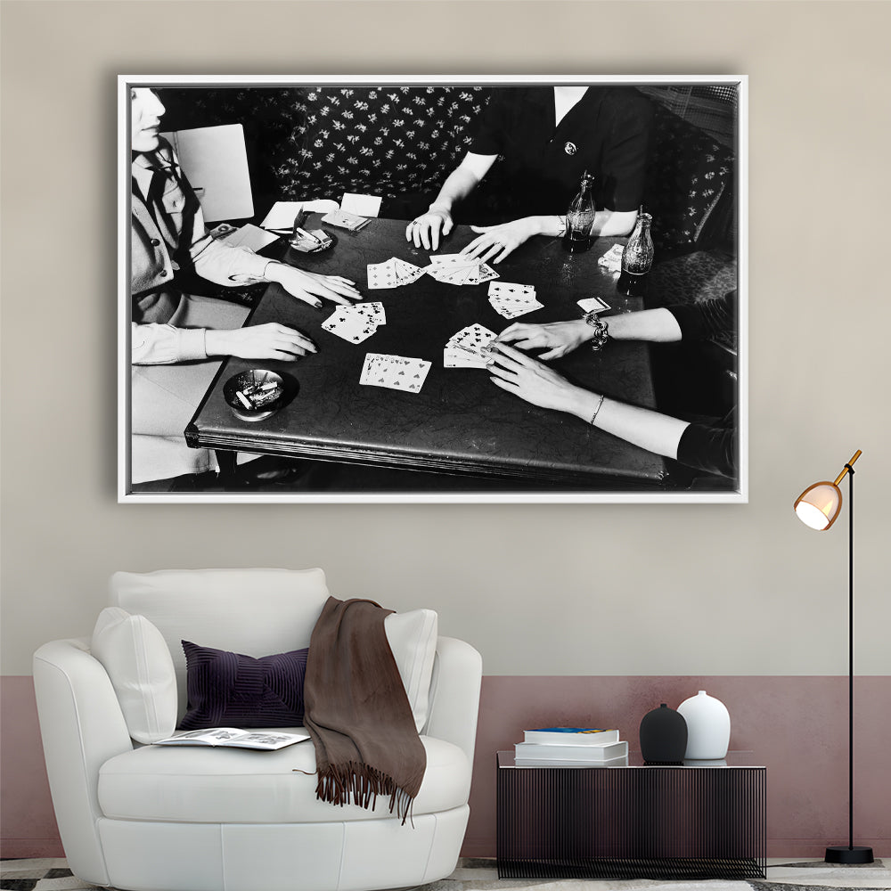 Women Playing Poker 1940s Bar Art Black and White Art Girls Night, Floating Framed Canvas Print