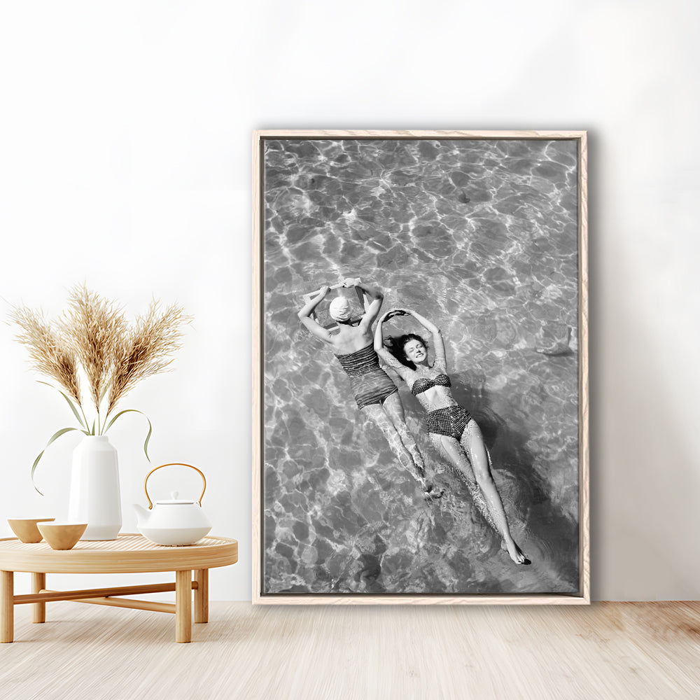 Women Swimming in Pool Retro Black and White Art Summer Print, Floating Framed Canvas Print