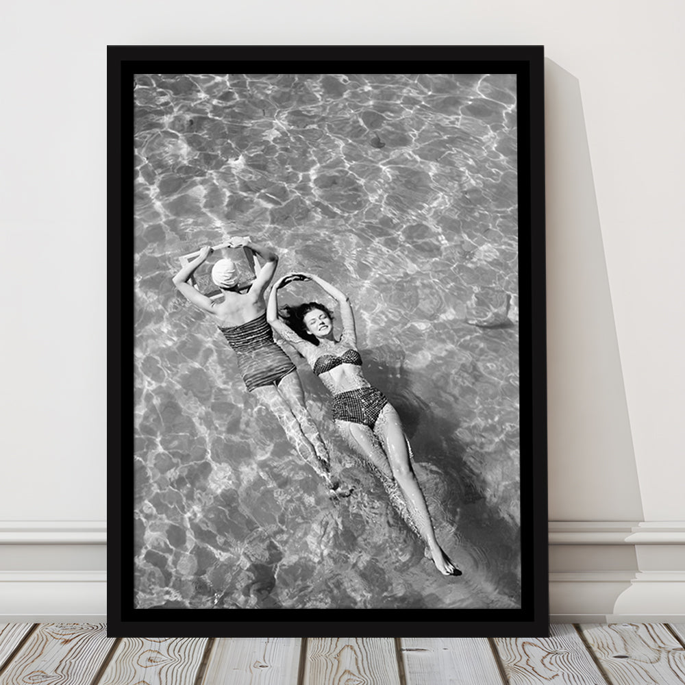 Women Swimming in Pool Retro Black and White Art Summer Print, Floating Framed Canvas Print