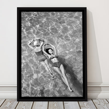 Women Swimming in Pool Retro Black and White Art Summer Print, Floating Framed Canvas Print