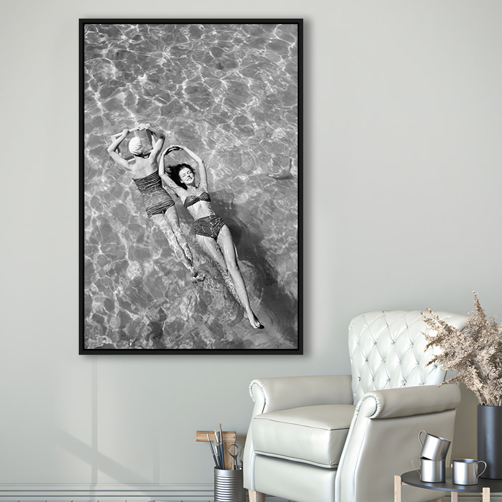 Women Swimming in Pool Retro Black and White Art Summer Print, Floating Framed Canvas Print