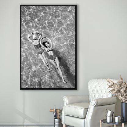 Women Swimming in Pool Retro Black and White Art Summer Print, Floating Framed Canvas Print