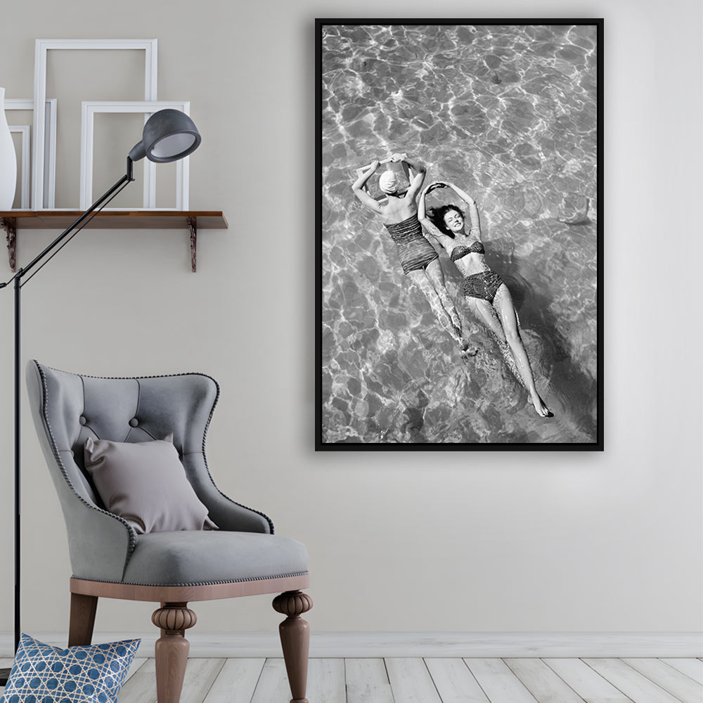 Women Swimming in Pool Retro Black and White Art Summer Print, Floating Framed Canvas Print