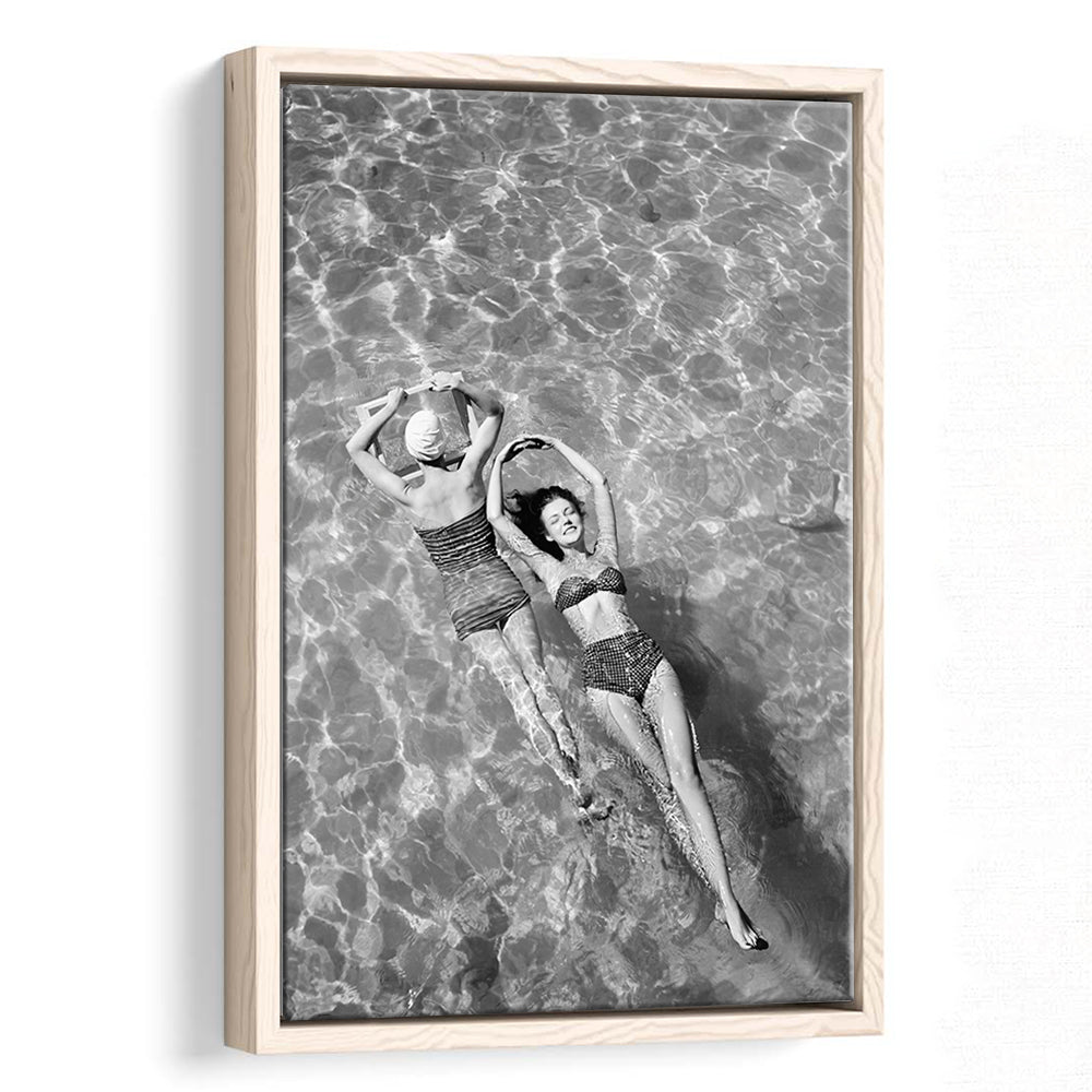 Women Swimming in Pool Retro Black and White Art Summer Print, Floating Framed Canvas Print