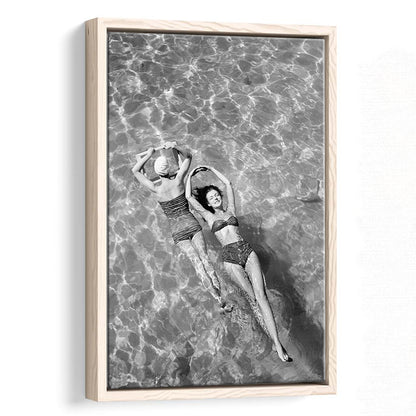 Women Swimming in Pool Retro Black and White Art Summer Print, Floating Framed Canvas Print