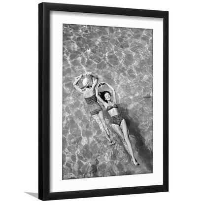 Women Swimming in Pool Retro Black and White Art Summer Print, Framed Art Print White Border Wall Decor