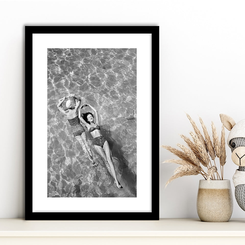 Women Swimming in Pool Retro Black and White Art Summer Print, Framed Art Print White Border Wall Decor