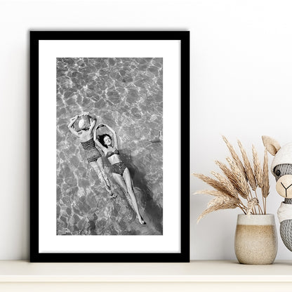 Women Swimming in Pool Retro Black and White Art Summer Print, Framed Art Print White Border Wall Decor