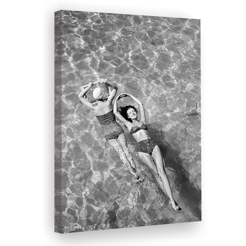 Women Swimming in Pool Retro Black and White Art Summer Print, Canvas Print Wall Art