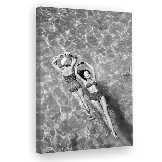 Women Swimming in Pool Retro Black and White Art Summer Print, Canvas Print Wall Art