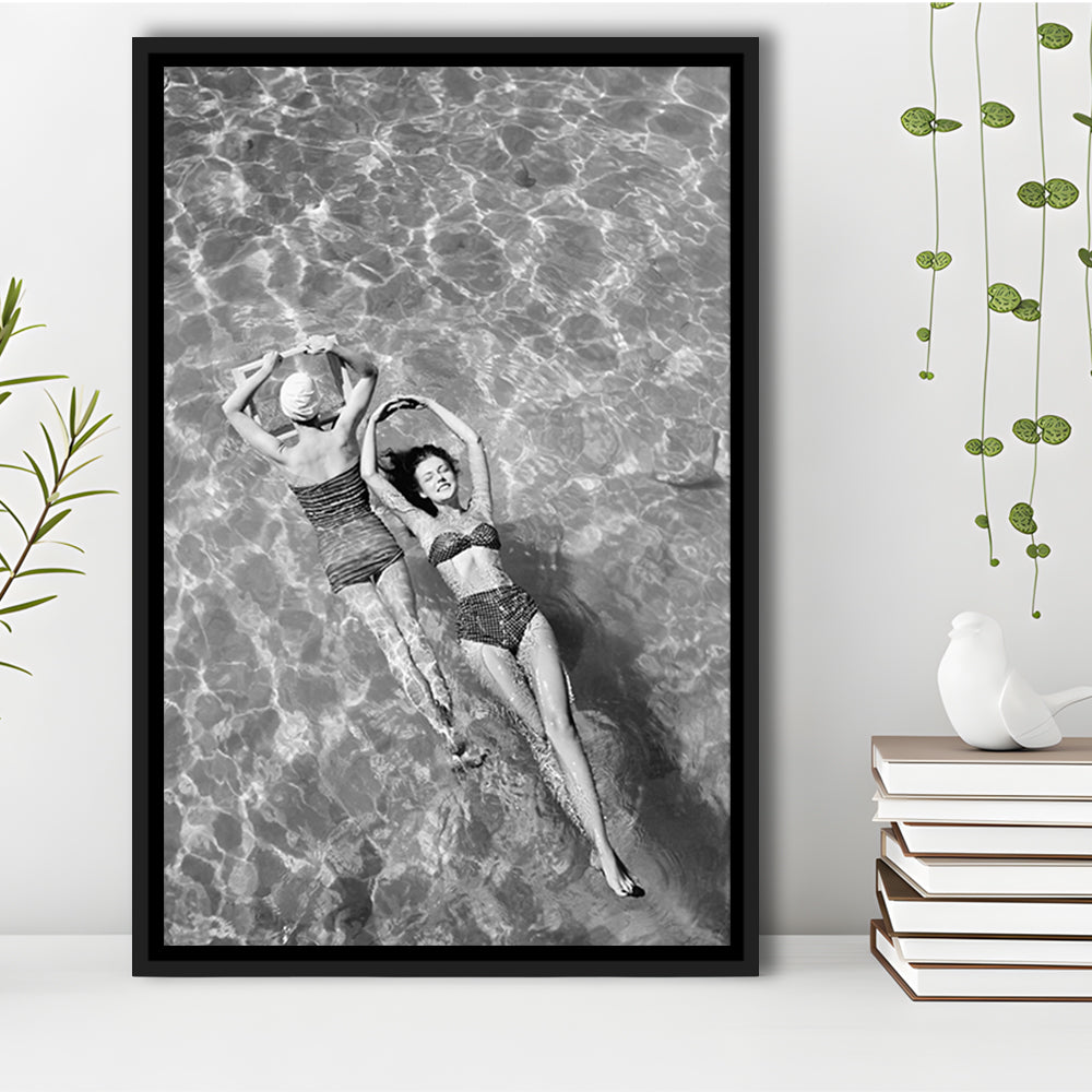 Women Swimming in Pool Retro Black and White Art Summer Print, Floating Framed Canvas Print