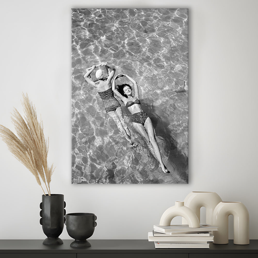 Women Swimming in Pool Retro Black and White Art Summer Print, Canvas Print Wall Art