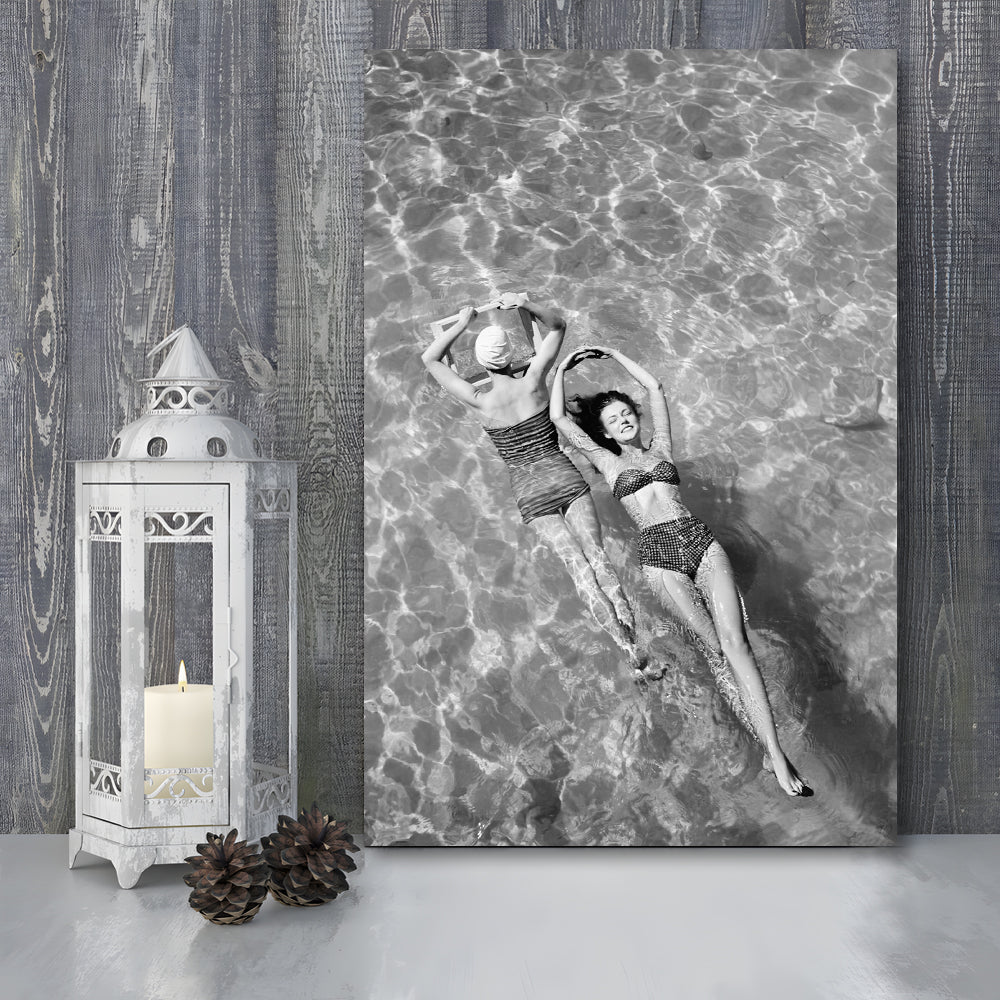 Women Swimming in Pool Retro Black and White Art Summer Print, Canvas Print Wall Art