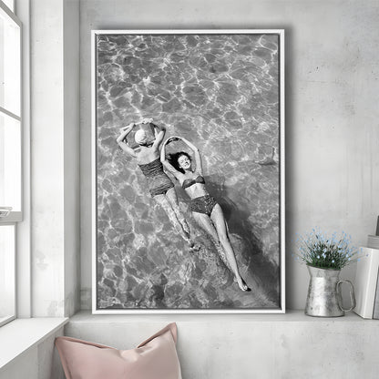 Women Swimming in Pool Retro Black and White Art Summer Print, Floating Framed Canvas Print