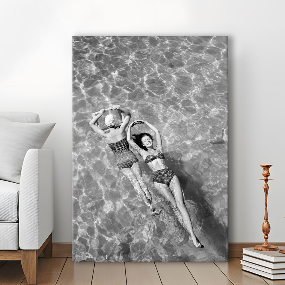Women Swimming in Pool Retro Black and White Art Summer Print, Canvas Print Wall Art