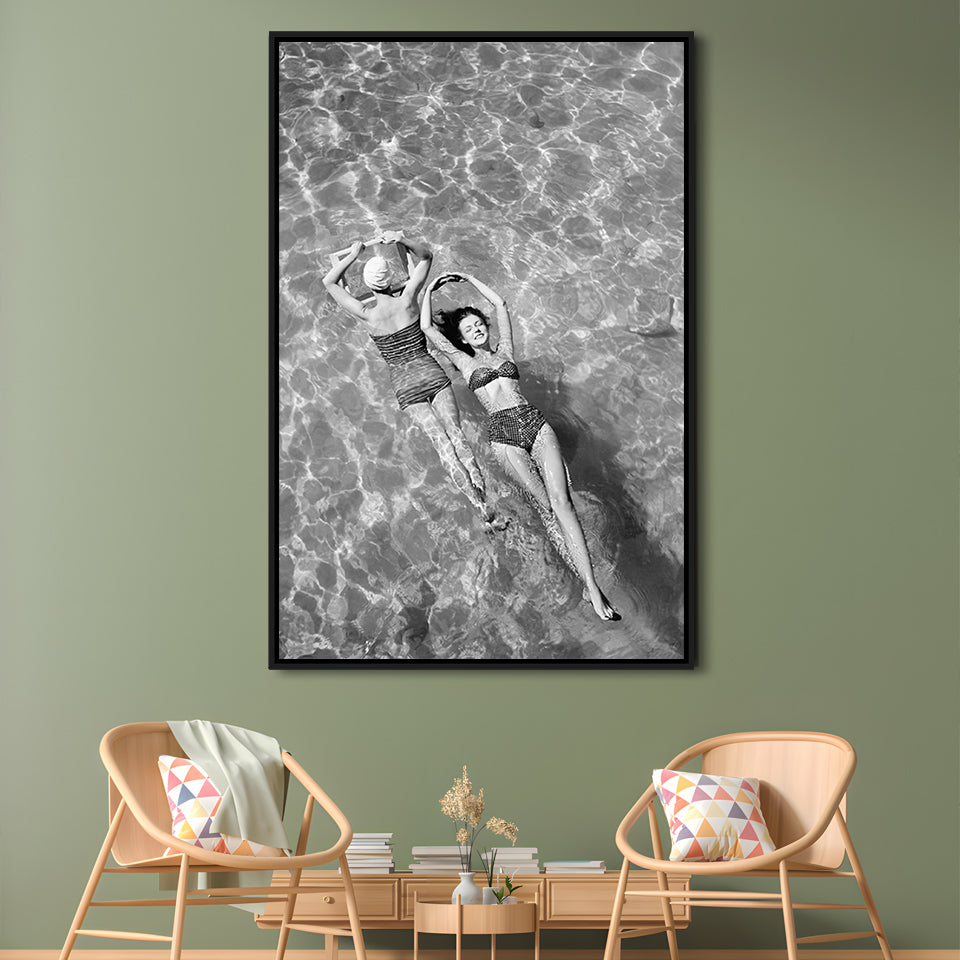 Women Swimming in Pool Retro Black and White Art Summer Print, Floating Framed Canvas Print