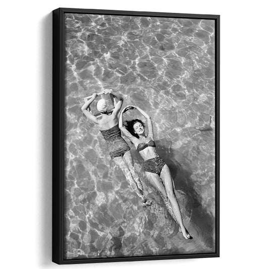 Women Swimming in Pool Retro Black and White Art Summer Print, Floating Framed Canvas Print