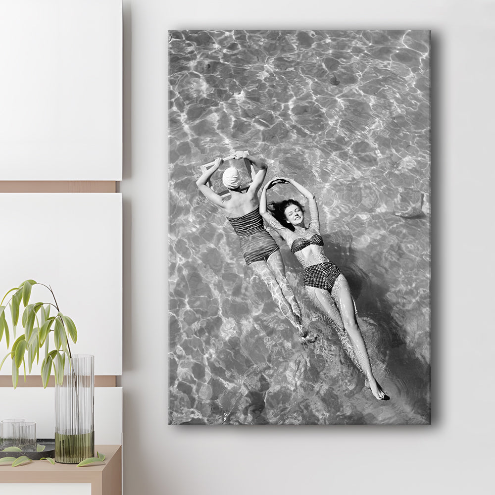 Women Swimming in Pool Retro Black and White Art Summer Print, Canvas Print Wall Art