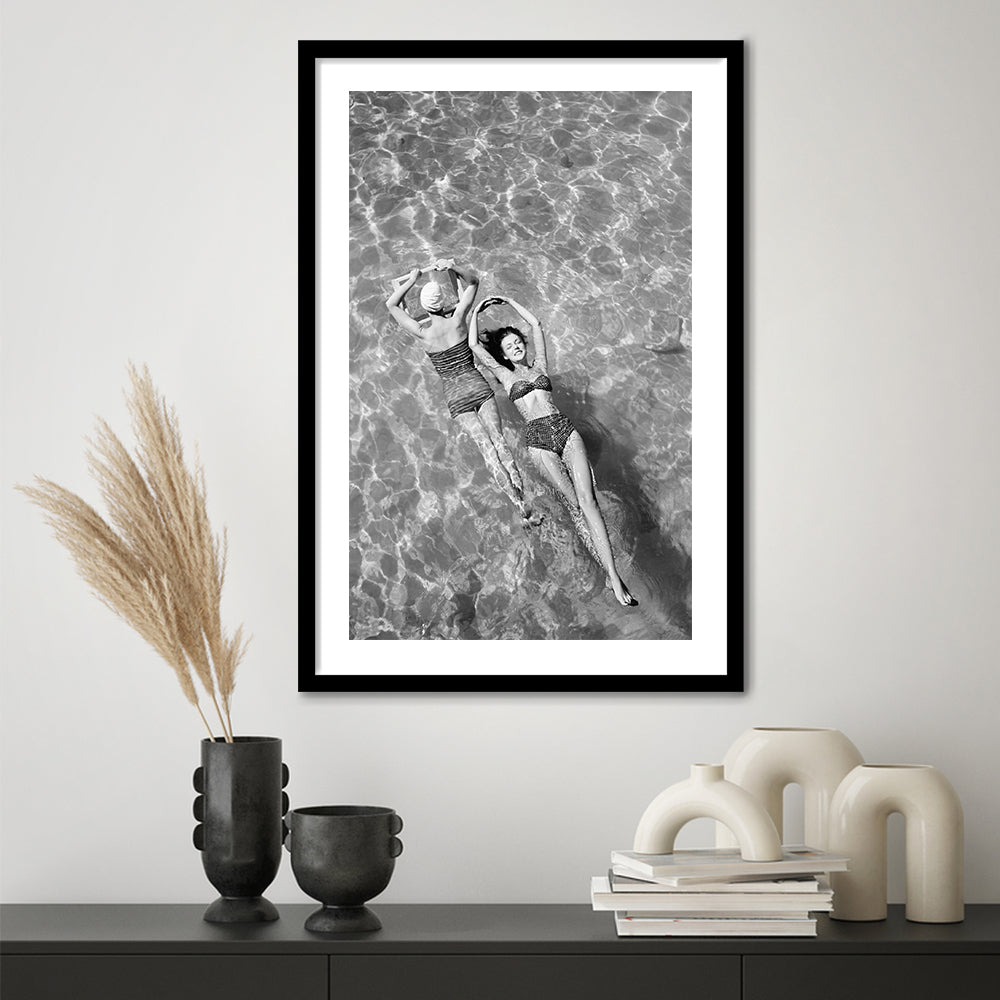 Women Swimming in Pool Retro Black and White Art Summer Print, Framed Art Print White Border Wall Decor