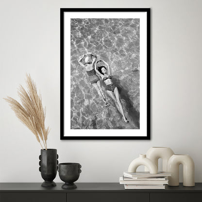 Women Swimming in Pool Retro Black and White Art Summer Print, Framed Art Print White Border Wall Decor