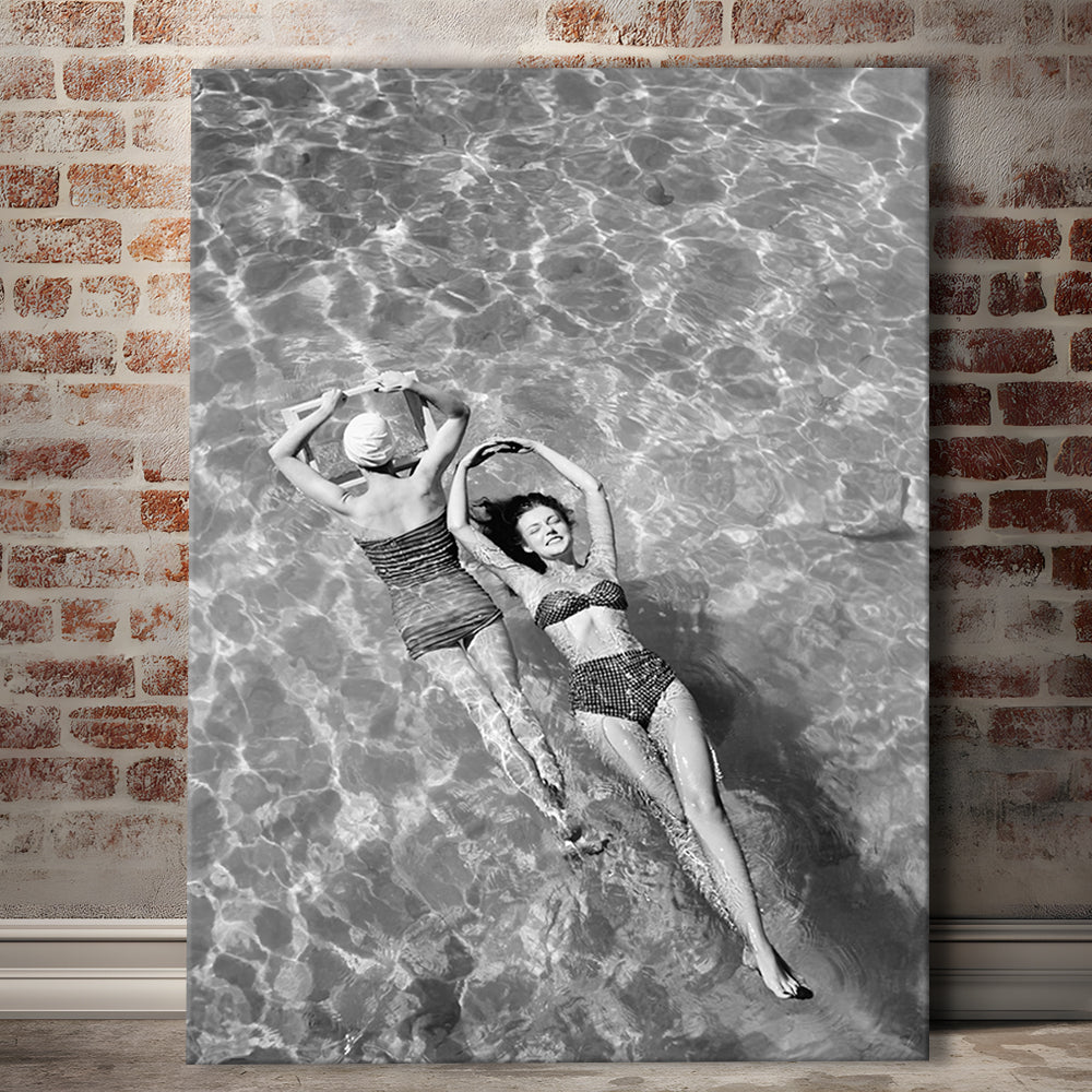Women Swimming in Pool Retro Black and White Art Summer Print, Canvas Print Wall Art