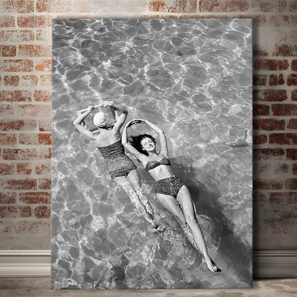 Women Swimming in Pool Retro Black and White Art Summer Print, Canvas Print Wall Art