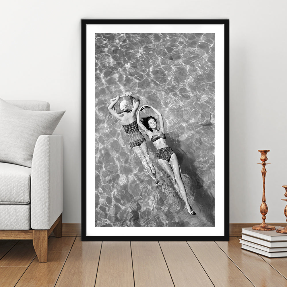 Women Swimming in Pool Retro Black and White Art Summer Print, Framed Art Print White Border Wall Decor