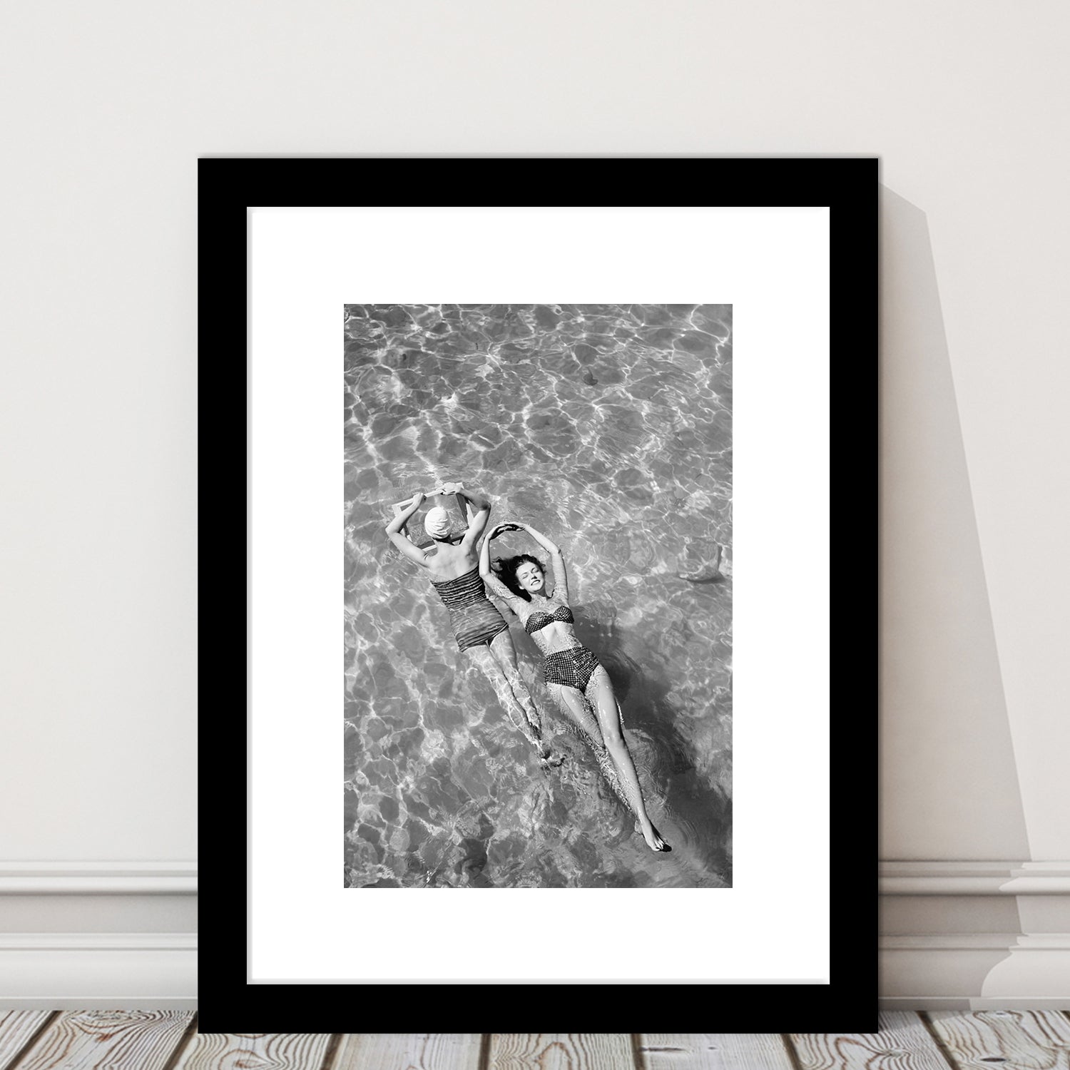 Women Swimming in Pool Retro Black and White Art Summer Print, Framed Art Print White Border Wall Decor