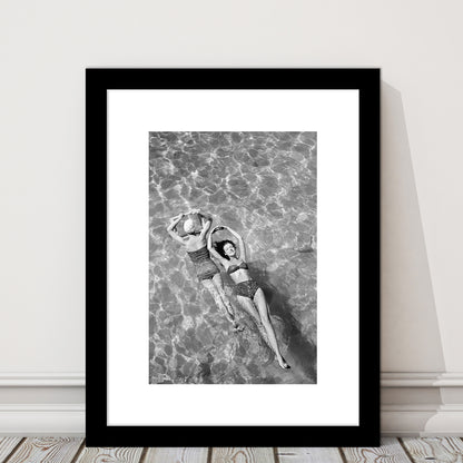 Women Swimming in Pool Retro Black and White Art Summer Print, Framed Art Print White Border Wall Decor