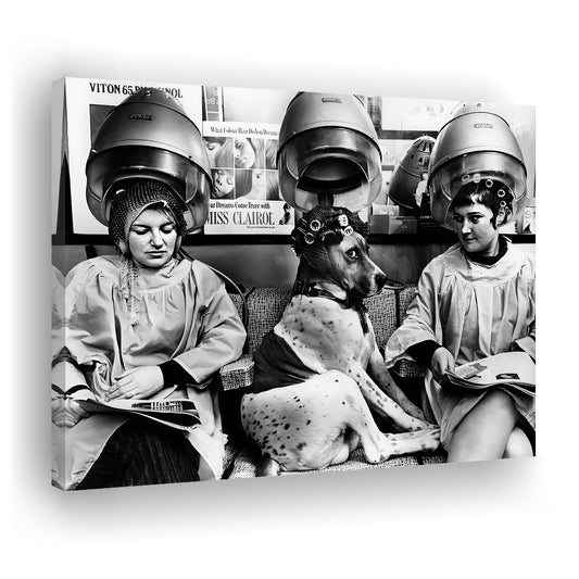 Women and Dog at Hair Salon Canvas Print Wall Art, Beauty Salon Decor, Vintage Wall Art, Black and White, Funny Wall Decor