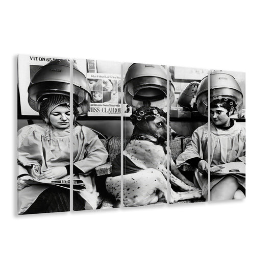 Women and Dog at Hair Salon 5 Panels Canvas Print Wall Art, Beauty Salon Decor, Black and White, Funny Decor