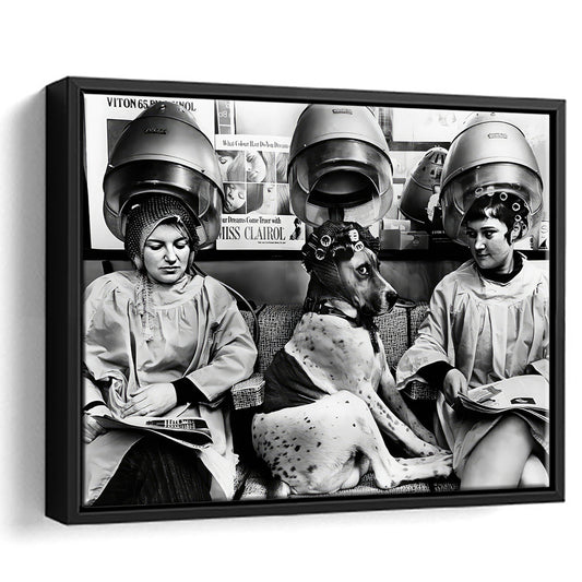 Women and Dog at Hair Salon Framed Canvas Print Wall Art, Beauty Salon Decor, Black and White, Funny Decor