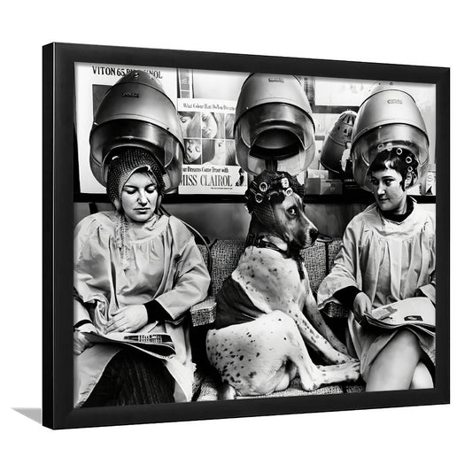 Women and Dog at Hair Salon Framed Art Print Wall Decor, Beauty Salon Decor, Black and White, Funny Decor