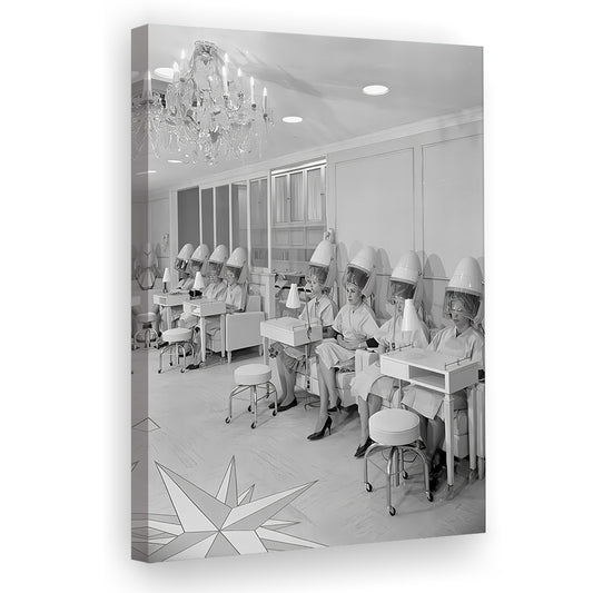 Women at Hair Salon Canvas Print Wall Art, Beauty Salon Decor, Black and White, Vintage, Retro Wall Decor