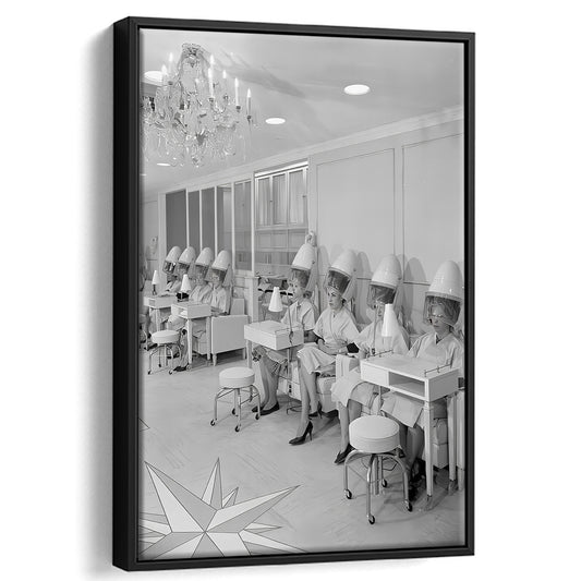 Women at Hair Salon Framed Canvas Print Wall Art, Beauty Salon Decor, Black and White, Vintage