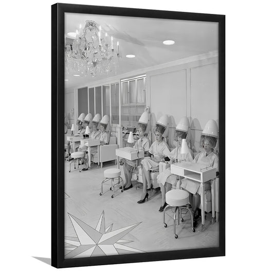 Women at Hair Salon Framed Art Print Wall Decor, Beauty Salon Decor, Black and White, Vintage