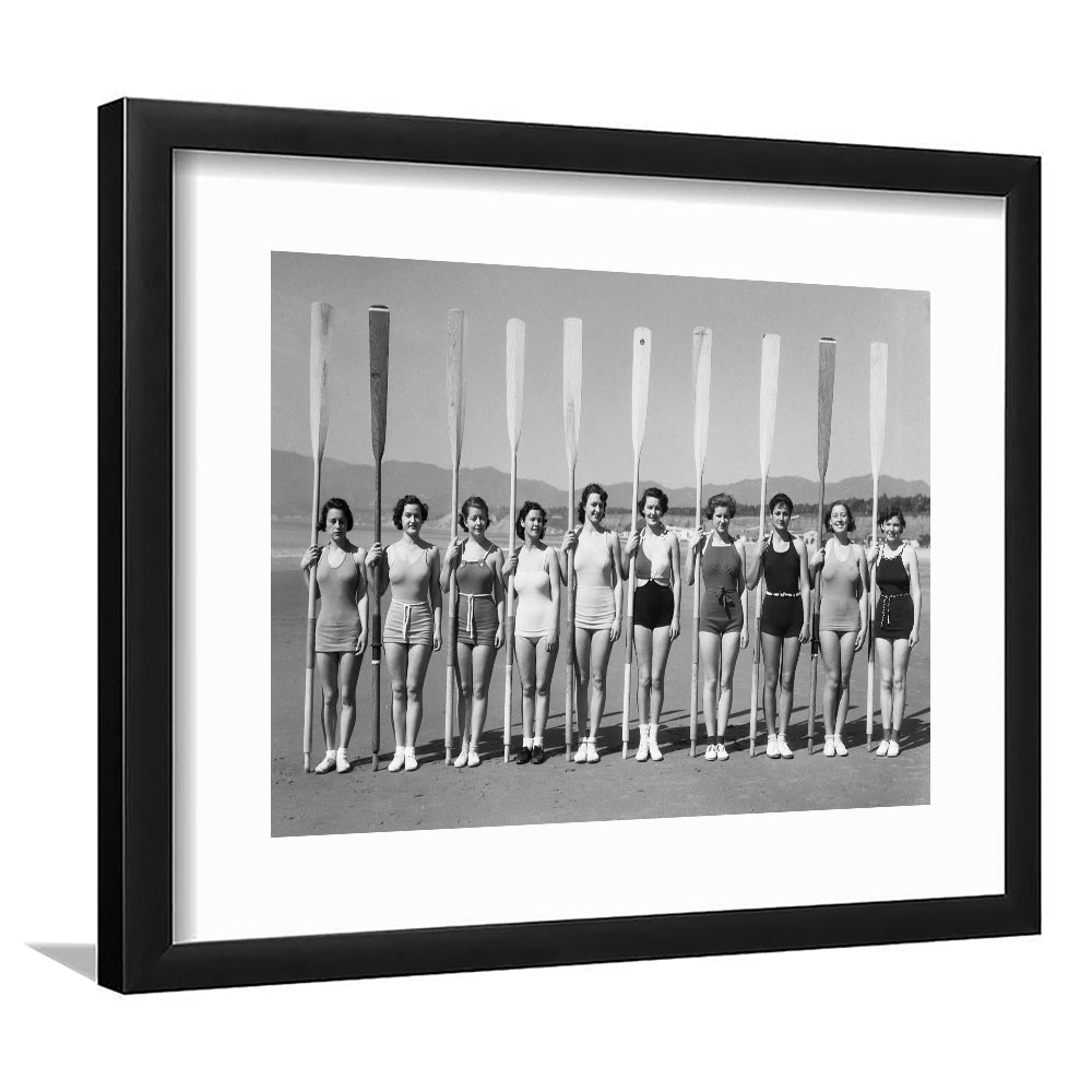 Women's Rowing Team Coastal Black and White Art Vintage Beach Fashion, Framed Art Print White Border Wall Decor
