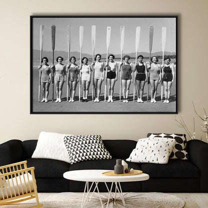 Women's Rowing Team Coastal Black and White Art Vintage Beach Fashion, Floating Framed Canvas Print