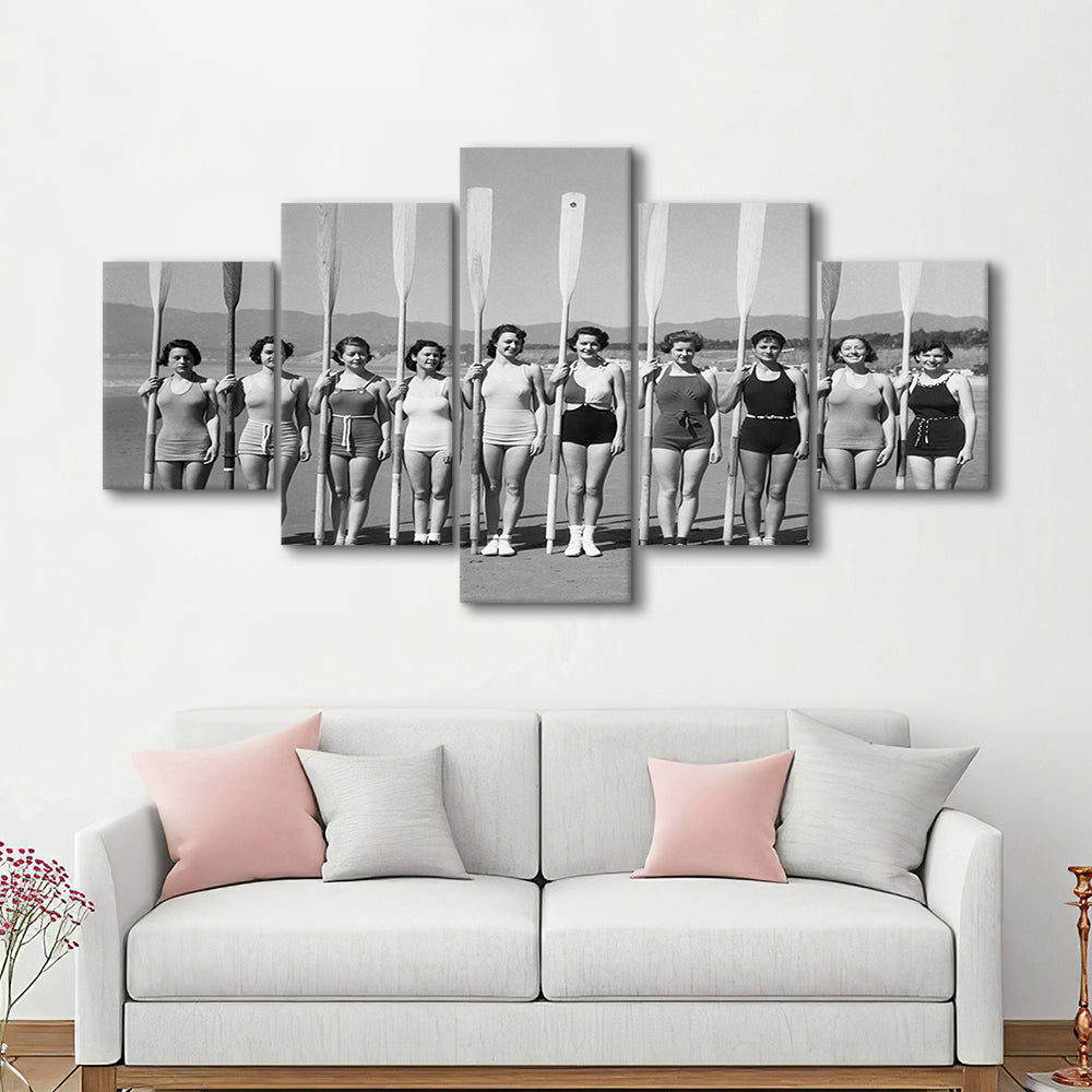 Women's Rowing Team Coastal Black and White Art Vintage Beach Fashion, Mixed 5 Pieces Canvas Print