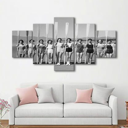 Women's Rowing Team Coastal Black and White Art Vintage Beach Fashion, Mixed 5 Pieces Canvas Print