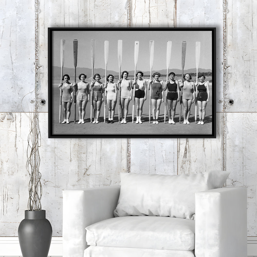 Women's Rowing Team Coastal Black and White Art Vintage Beach Fashion, Floating Framed Canvas Print