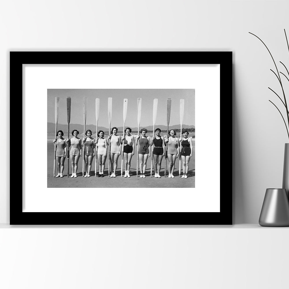 Women's Rowing Team Coastal Black and White Art Vintage Beach Fashion, Framed Art Print White Border Wall Decor