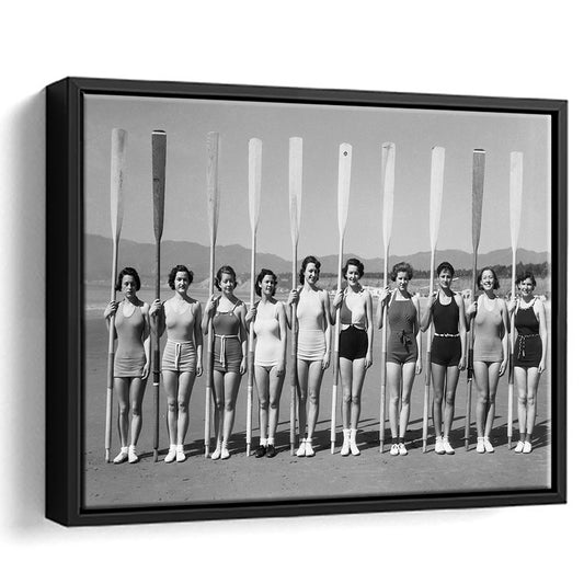 Women's Rowing Team Coastal Black and White Art Vintage Beach Fashion, Floating Framed Canvas Print